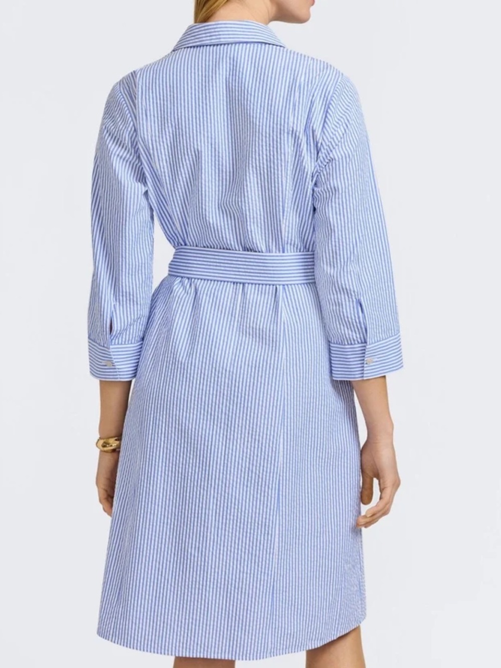 Foxcroft Fiona Blue White Stripe Seersucker Shirt Dress L NWT - Picture 2 of 8